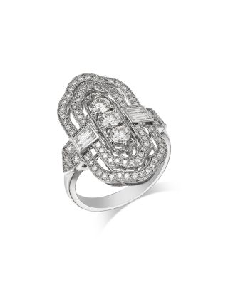 Diamond Round & Baguette Art Deco Ring 14K White Gold, 1.2 tcw