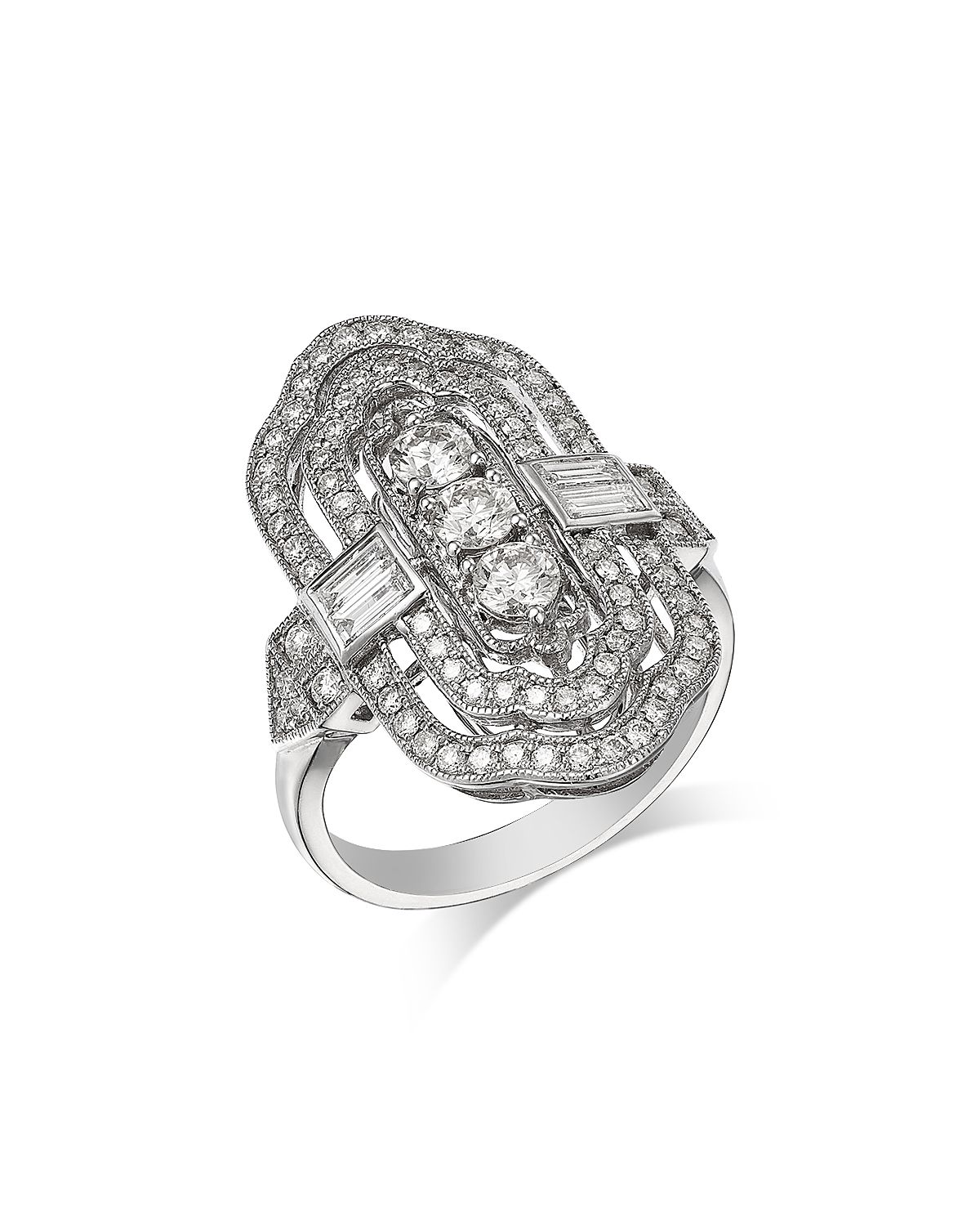 Bloomingdale's Fine Collection Diamond Round & Baguette Art Deco Ring 14K White Gold, 1.2 tcw