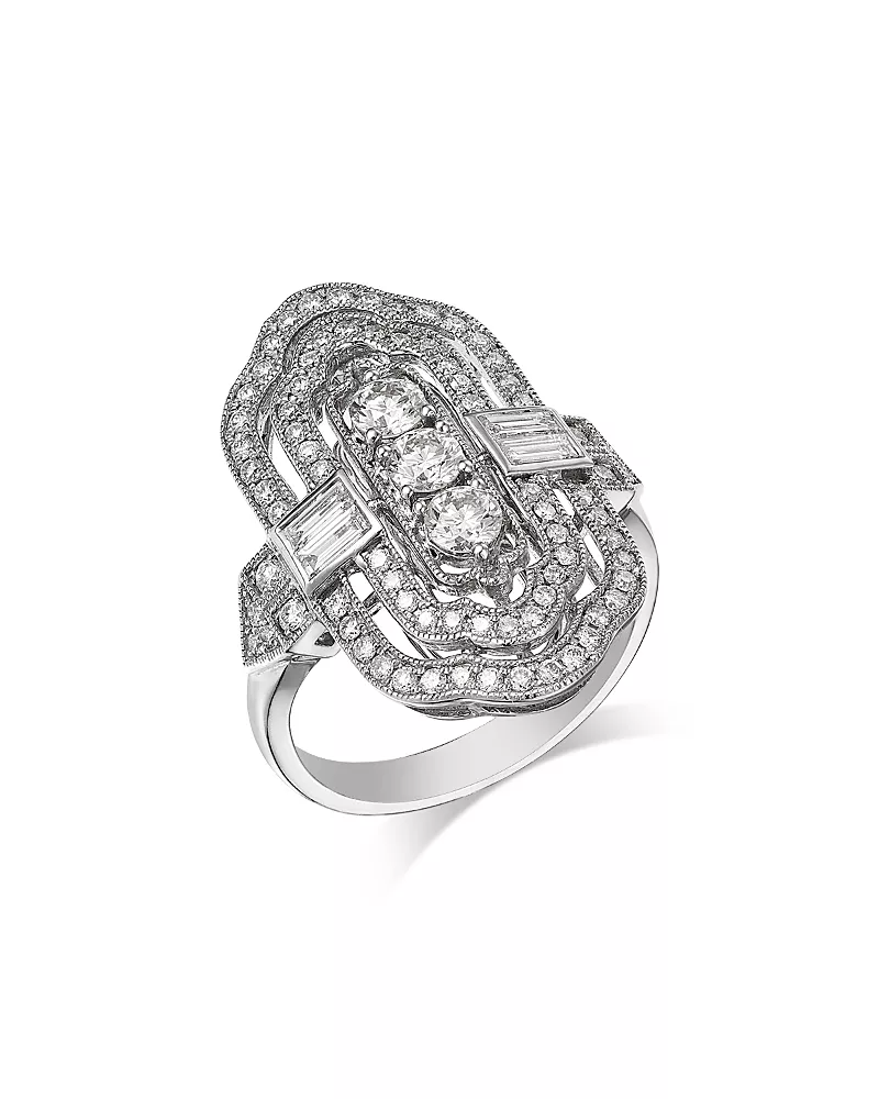 Bloomingdale's Fine Collection Diamond Round & Baguette Art Deco Ring 14K White Gold, 1.2 tcw