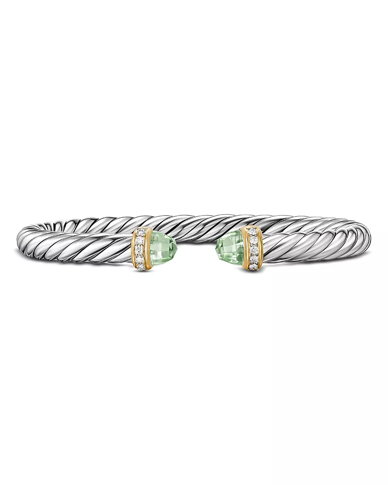 David Yurman Cable Flex Bracelet in Sterling Silver with 14K Yellow Gold, Prasiolite and Diamonds, 6mm