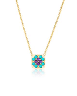 18K Yellow Gold 1975 Multi Gemstone & Diamond Granny Squares Iris Pendant Necklace, 16-18"