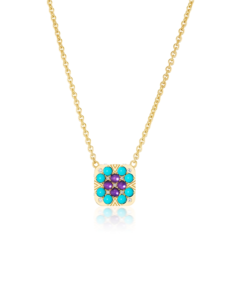 Harwell Godfrey 18K Yellow Gold 1975 Multi Gemstone & Diamond Granny Squares Iris Pendant Necklace, 16