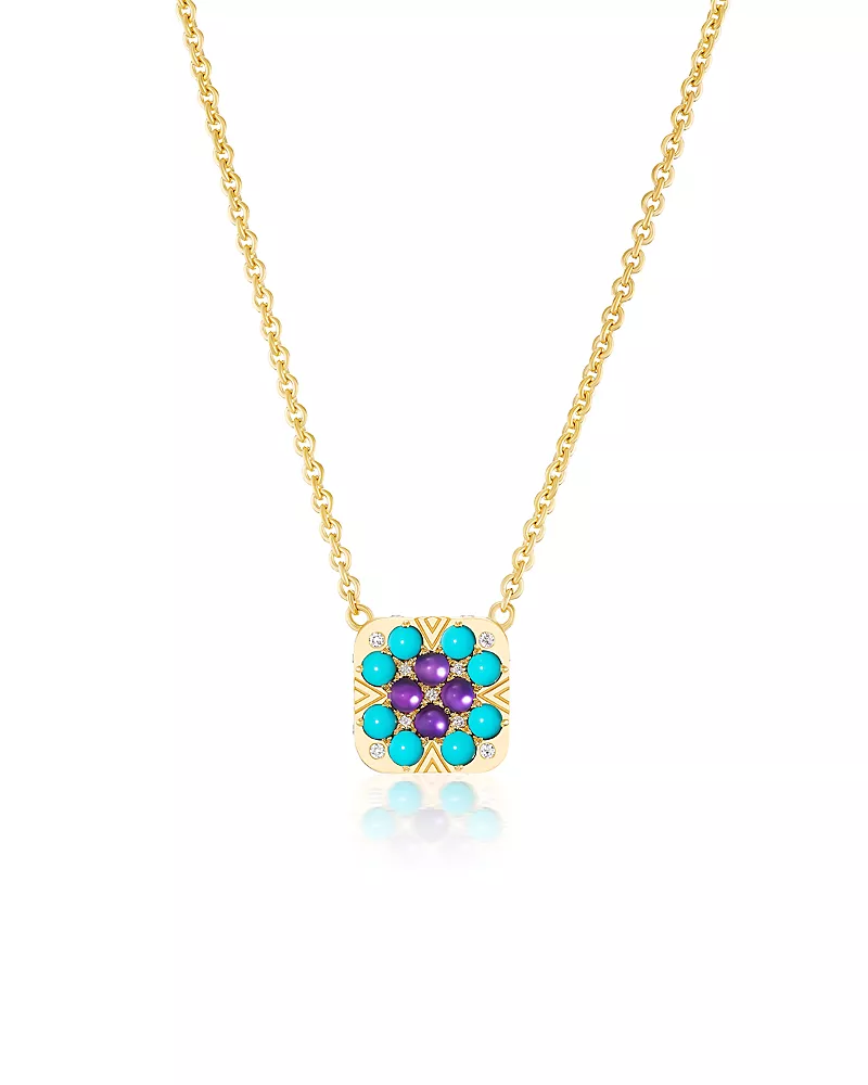 Harwell Godfrey 18K Yellow Gold 1975 Multi Gemstone & Diamond Granny Squares Iris Pendant Necklace, 16