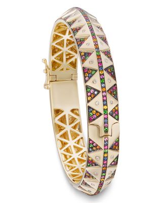 18K Yellow Gold Knife Edge Rainbow Sapphire & Diamond Bangle Bracelet