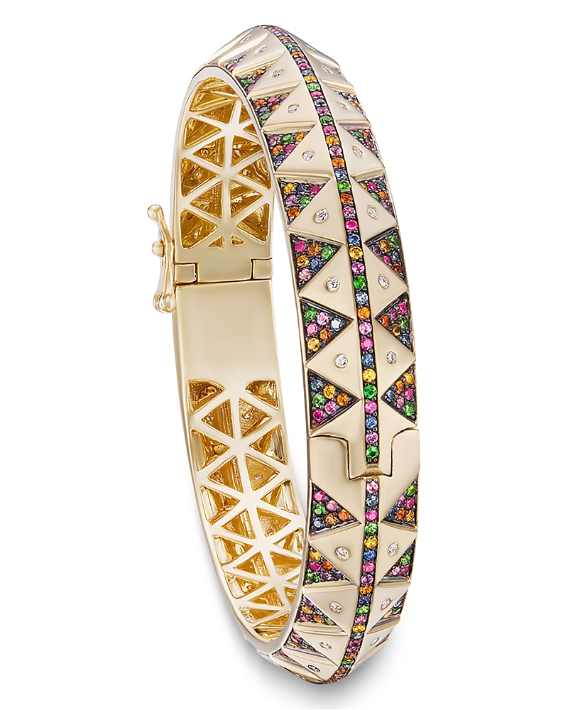 Harwell Godfrey 18K Yellow Gold Knife Edge Rainbow Sapphire & Diamond Bangle Bracelet