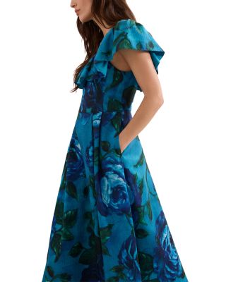 Brianne Blue Floral Ruffle Midi Dress