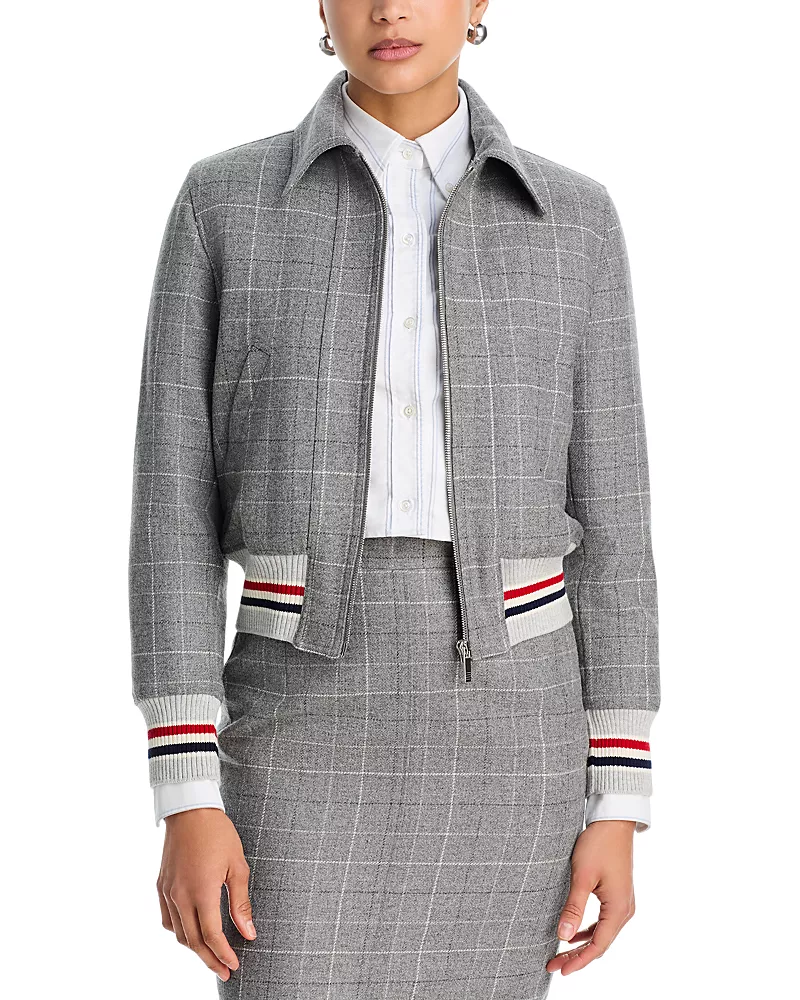 Thom Browne Windowpane Teviot Tweed Down Filled Cropped Flight Jacket