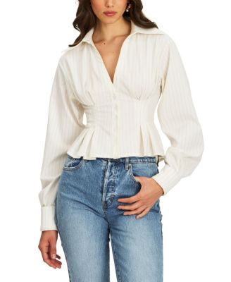  Sylvia Pinstripe Deep V Pleated Shirt
