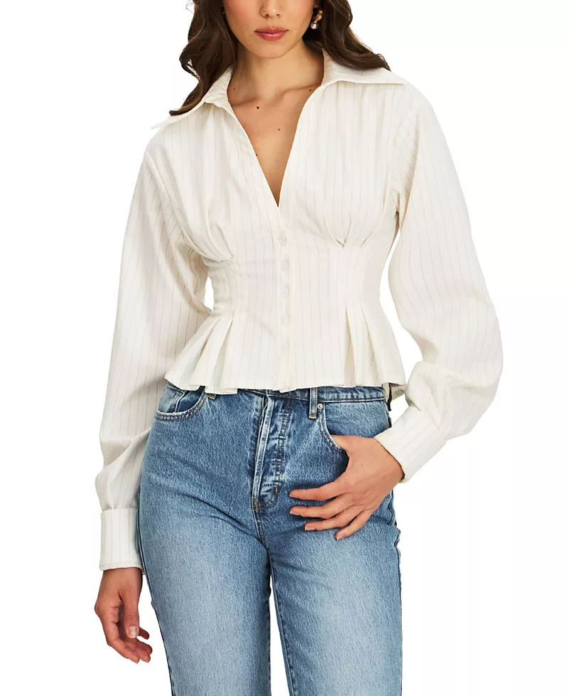 Miss Circle Sylvia Pinstripe Deep V Pleated Shirt