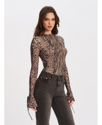  Ibera Animal Print Burnout Velvet Long Sleeve Bodysuit