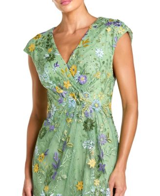 Faux Wrap Embroidered Cap Sleeve Gown