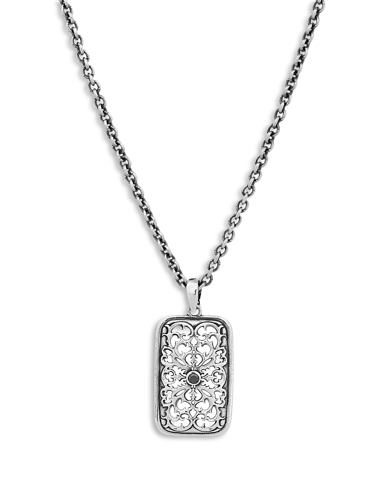John Varvatos Men's Sterling Silver Black Diamond Ornate Gothic Tag Pendant Necklace, 24