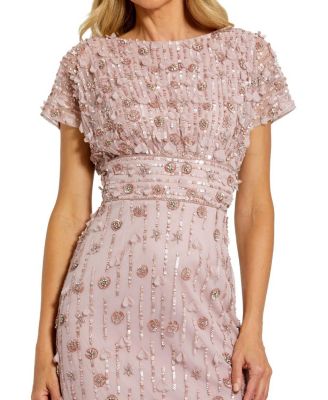  Petite Cap Sleeve Sheath Midi Dress With Floral Beading