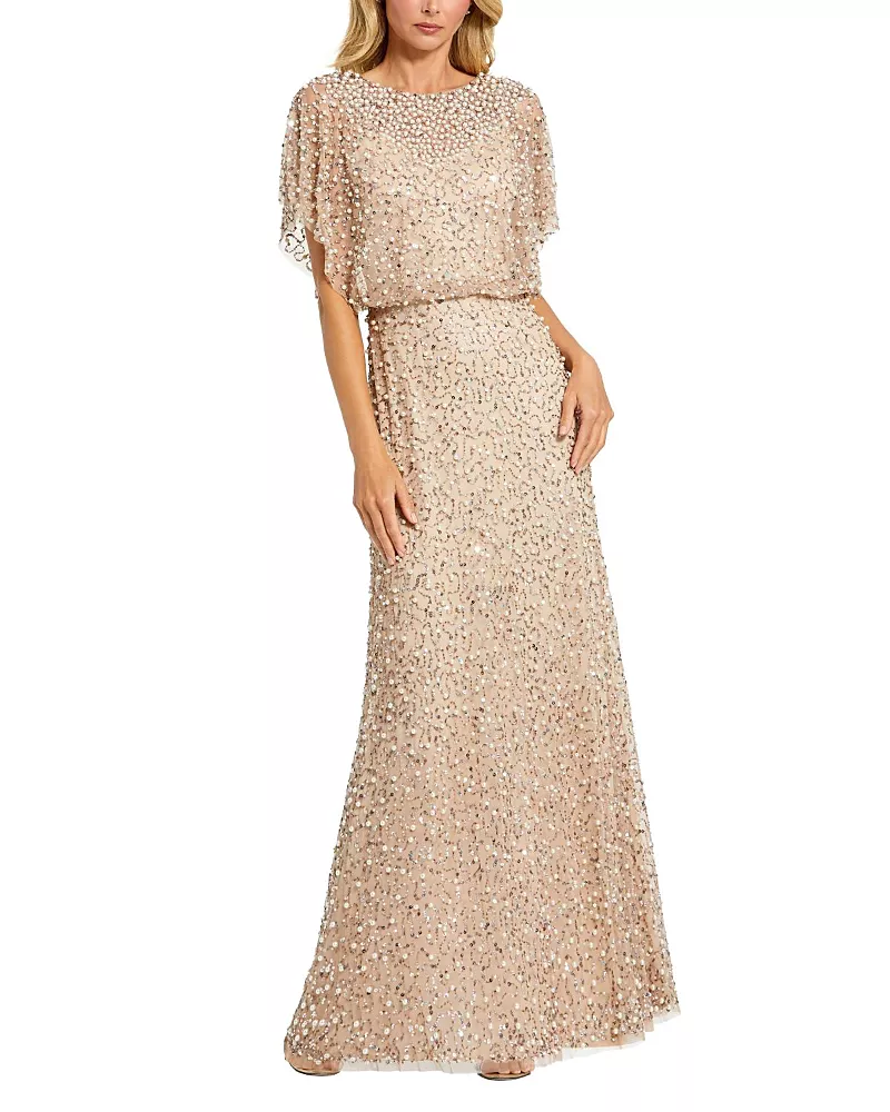 Mac Duggal Petite High Neck Short Sleeve Embellished Gown