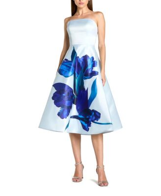 Strapless Satin Midi Dress with Flower Print