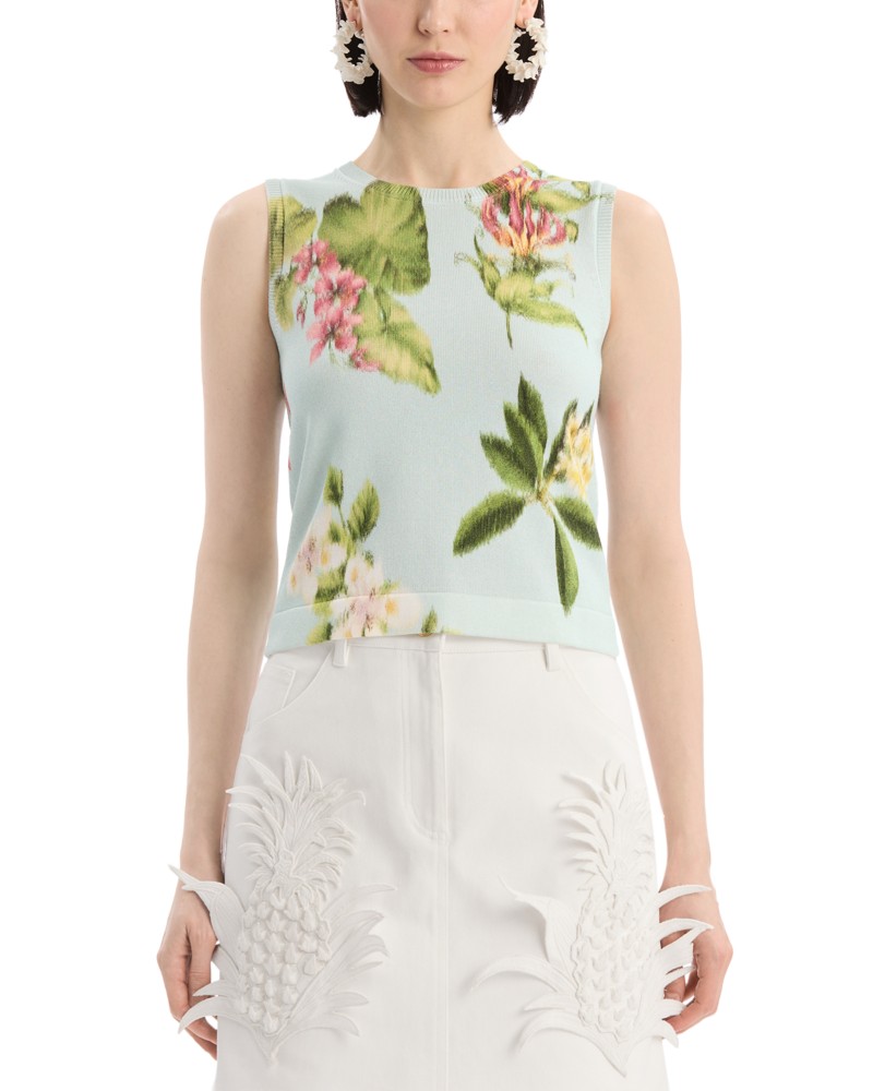 Oscar de la Renta Printed Chine Flower Knit Twinset Tank in Saltwater