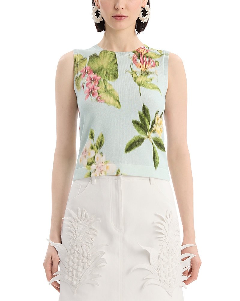 Oscar de la Renta Printed Chine Flower Knit Twinset Tank