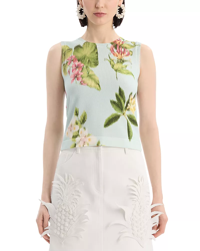Oscar de la Renta Printed Chine Flower Knit Twinset Tank