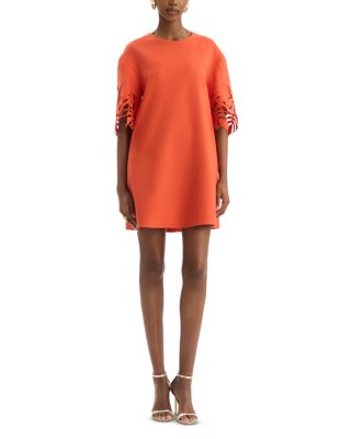 Oscar De La Renta Short Sleeve Palm Tree Cutout Dress In Orange