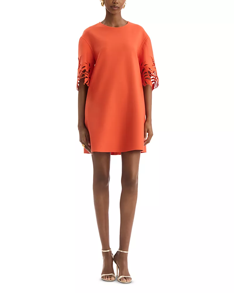 Oscar de la Renta Short Sleeve Palm Tree Cutout Dress