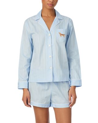 Long Sleeve Textured Woven Notch Collar Boxer Pajama Set