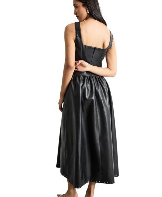 Faux Leather Whipstitch Trim Midi Dress