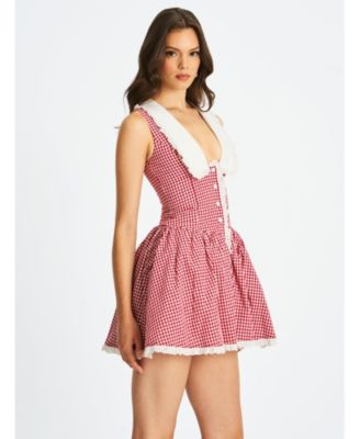  Nala Gingham Eyelet Lace Trim Peterpan Collar Mini Dress