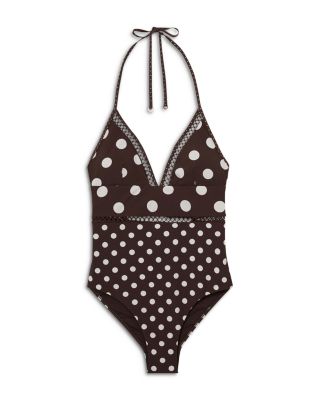 Polka Dot Lattice Trim One Piece Swimsuit