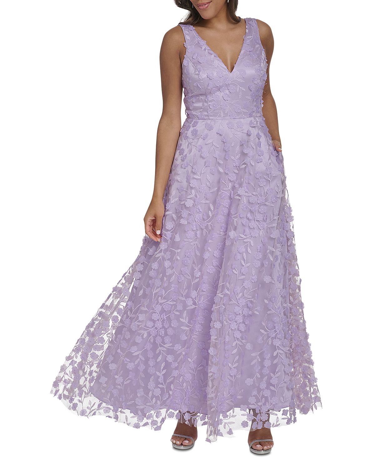 Eliza J Floral Appliqued V Neck Gown