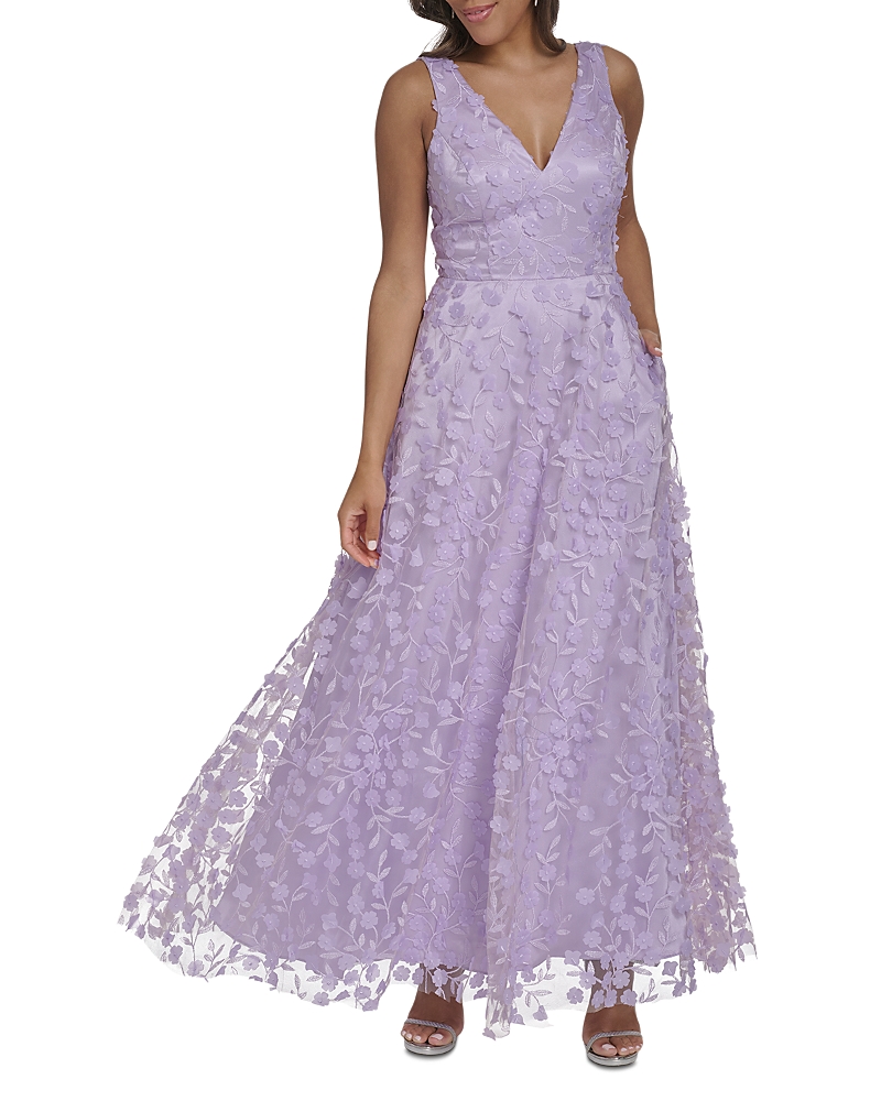 Eliza J Floral Appliqued V Neck Gown