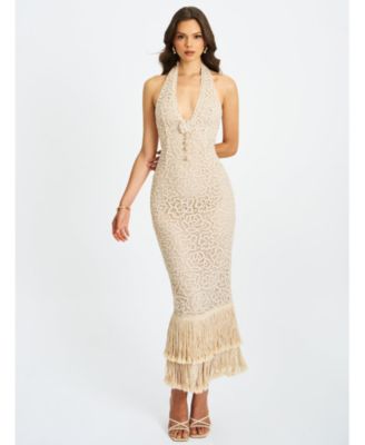  Faelyn Double Fringe Crochet Halter Maxi Dress