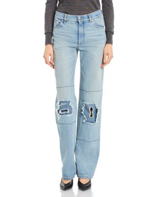 Distressed Patch Straight Jeans in Mid Blue