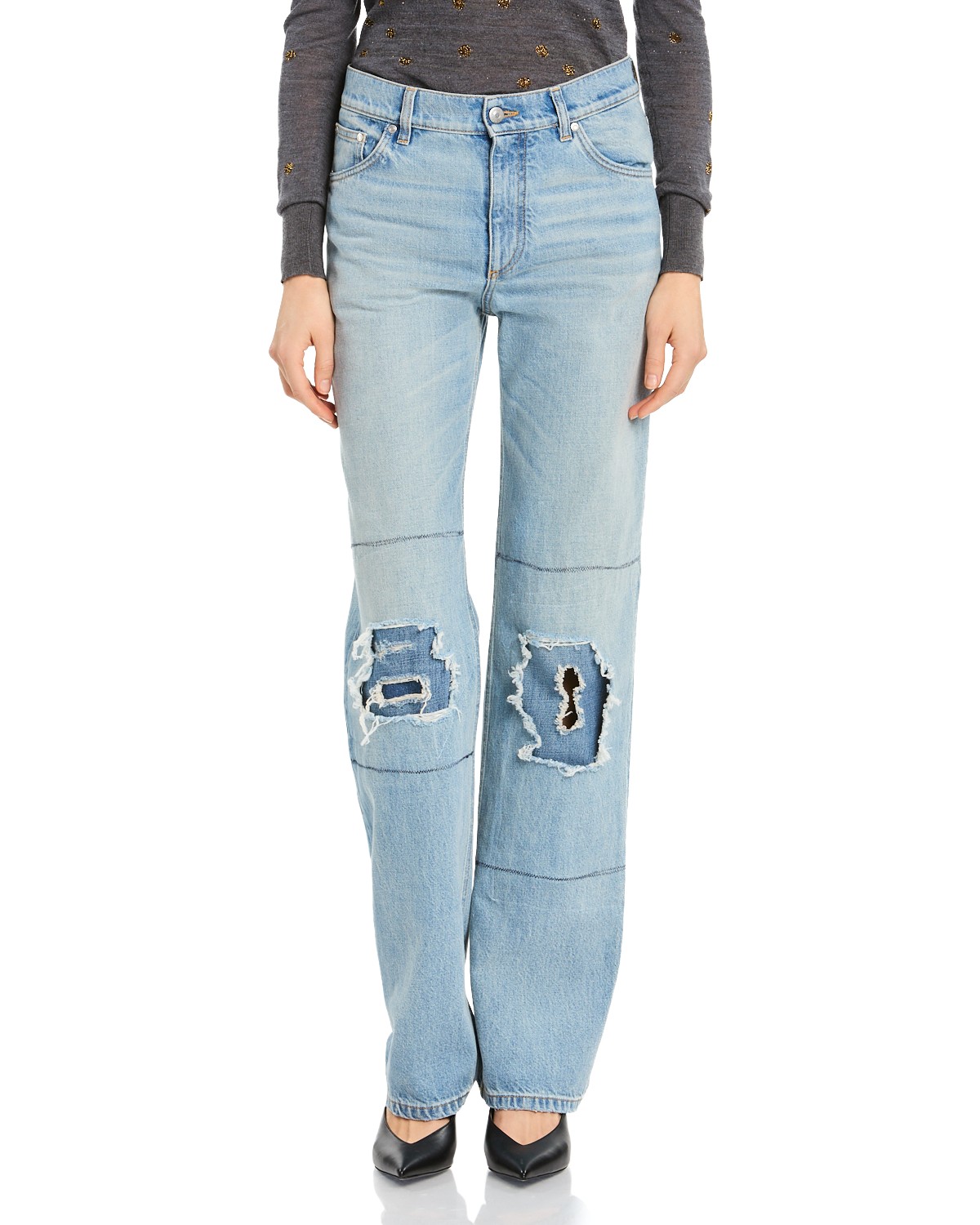 Stella McCartney Distressed Patch Straight Jeans in Mid Blue