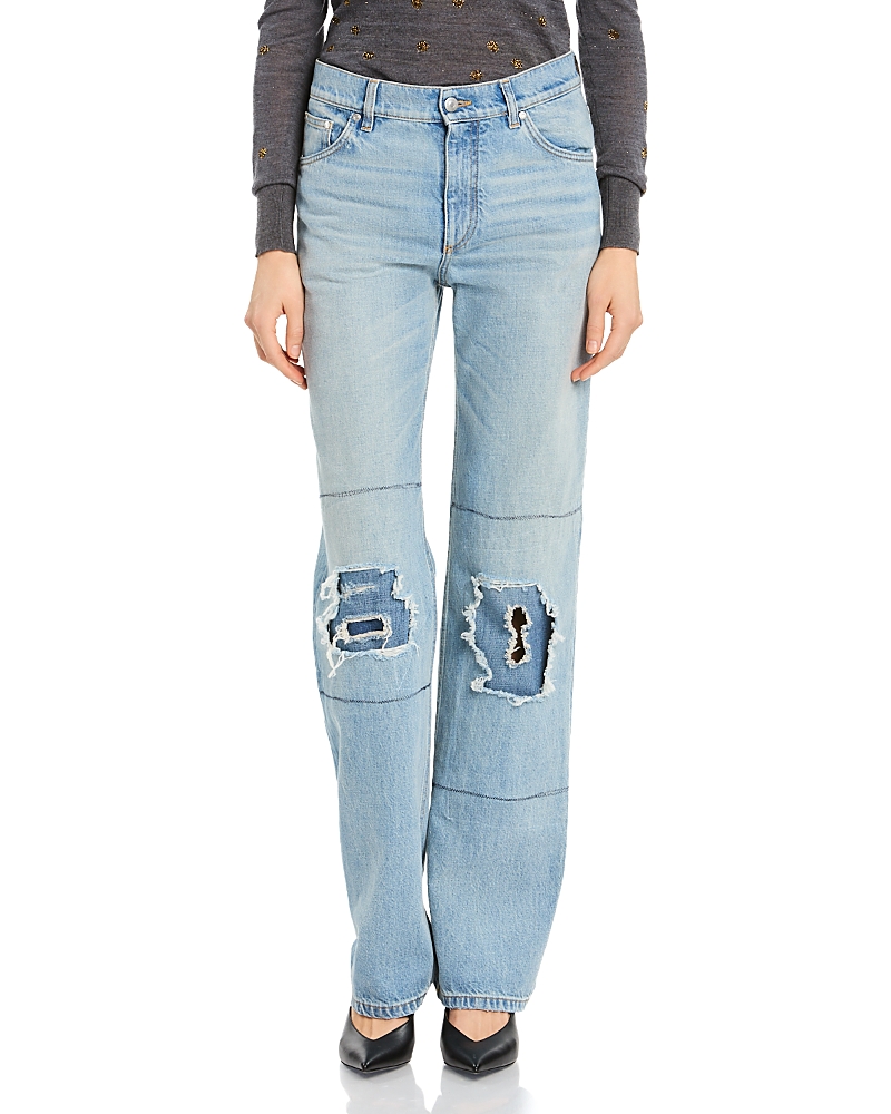 Stella McCartney Distressed Patch Straight Jeans in Mid Blue