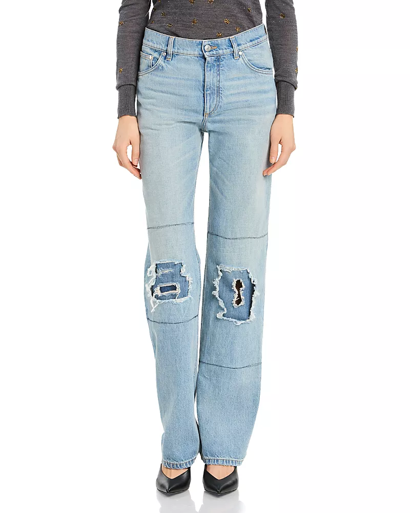Stella McCartney Distressed Patch Straight Jeans in Mid Blue
