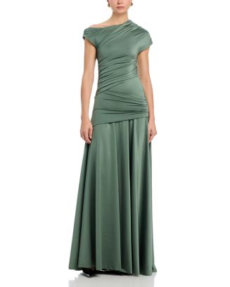 chiara boni green dress Becia Ruched Asymmetric Gown - Sage Dusk Champagne/Rose Gold