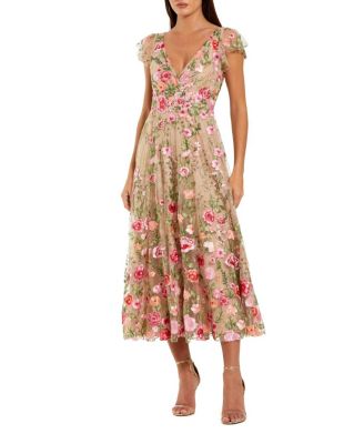 Embroidered Cap Sleeve V Neck Ankle Dress