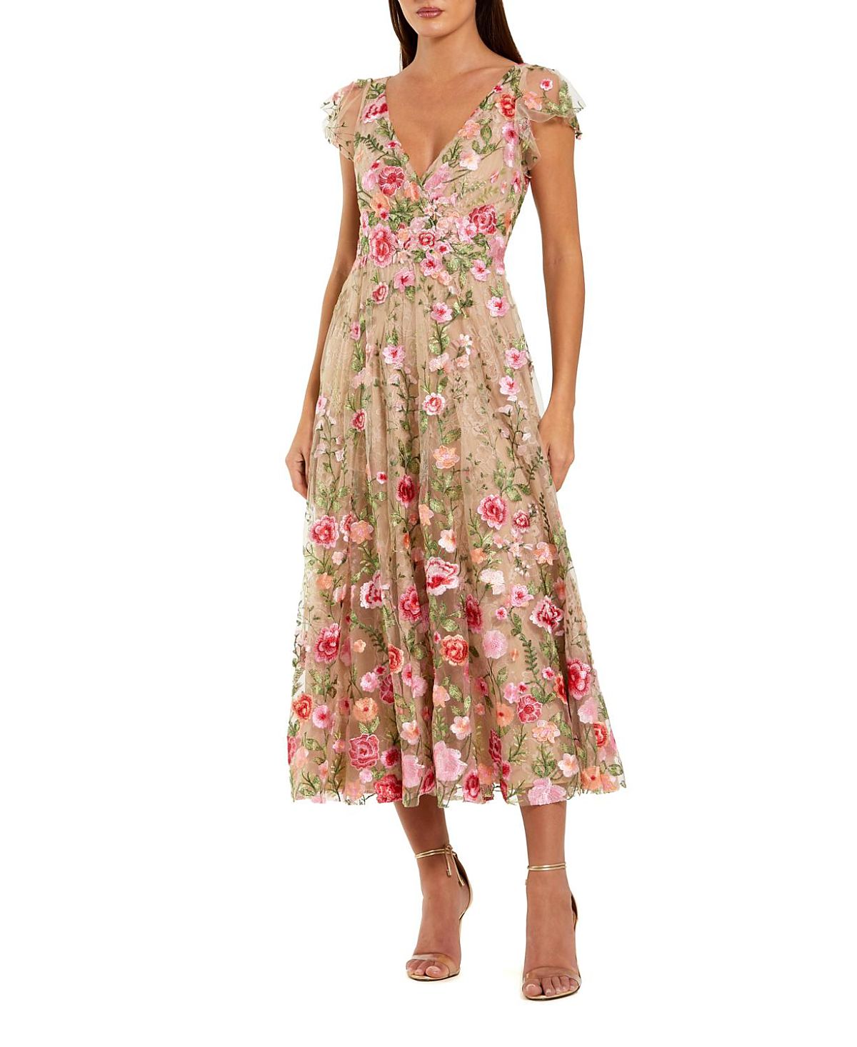 Mac Duggal Embroidered Cap Sleeve V Neck Ankle Dress
