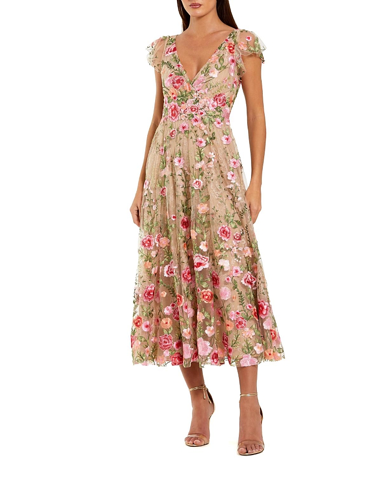 Mac Duggal Embroidered Cap Sleeve V Neck Ankle Dress