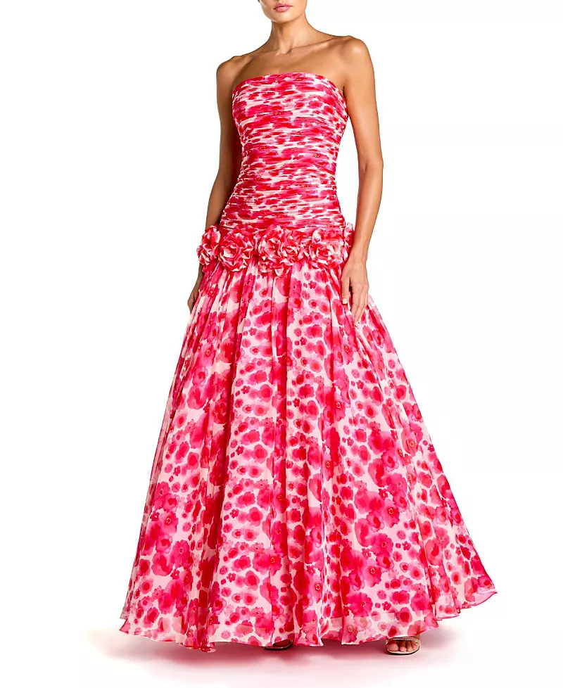 Mac Duggal Printed Chiffon Strapless Drop Waist Ballgown