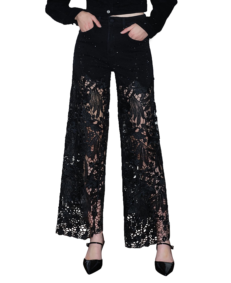 Bayeas Embroidery Wide Leg Lace Jeans with Rhinestone in Black Wash