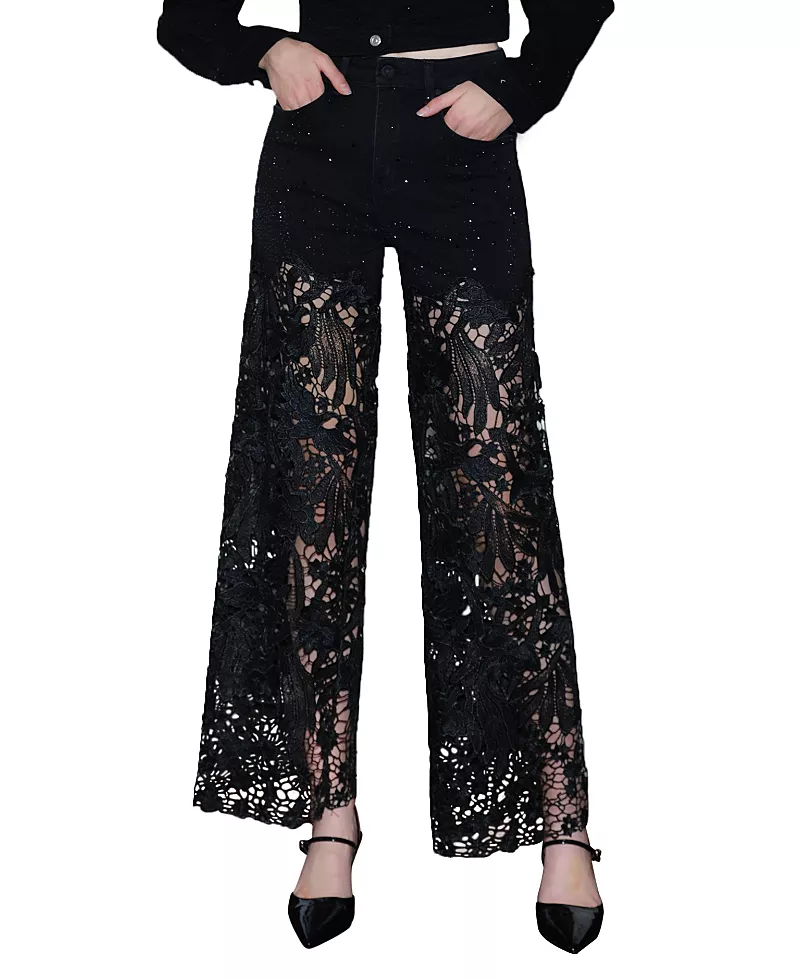 Bayeas Embroidery Wide Leg Lace Jeans with Rhinestone in Black Wash