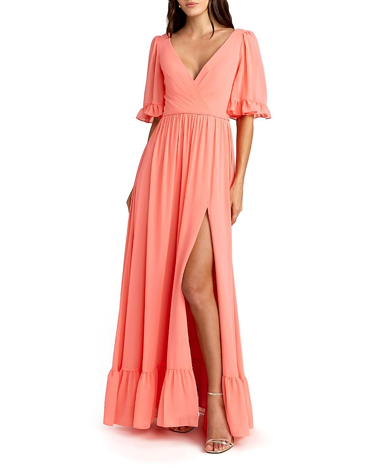 Mac Duggal V-Neck Flutter Sleeve Chiffon Faux Wrap Maxi Gown