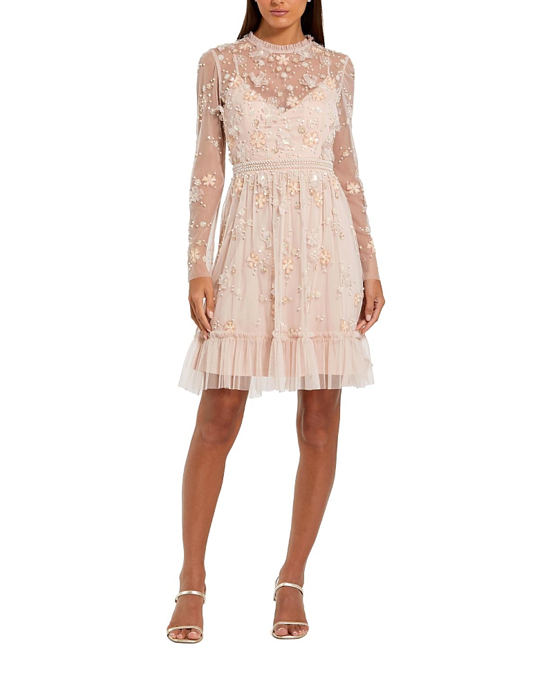 Mac Duggal Sheer Long Sleeve Embellished Midi Dress