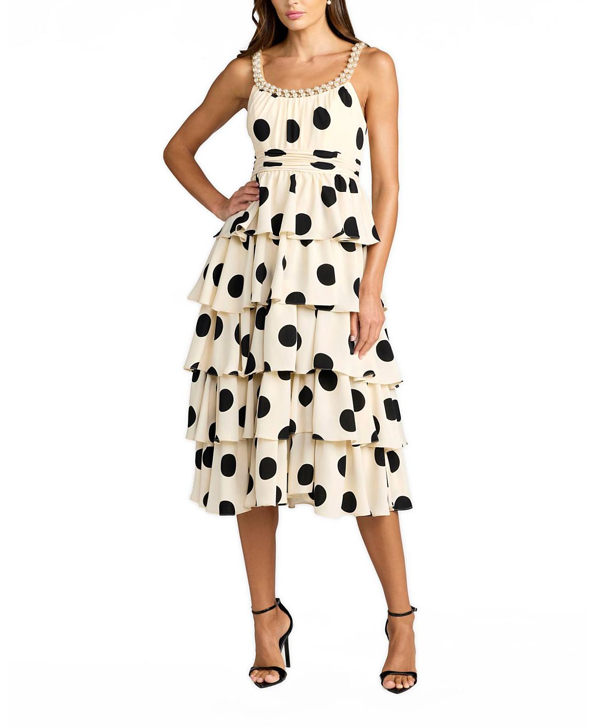 Mac Duggal Polka Dot Charmeuse Scoop Neck Ruffle Midi Dress