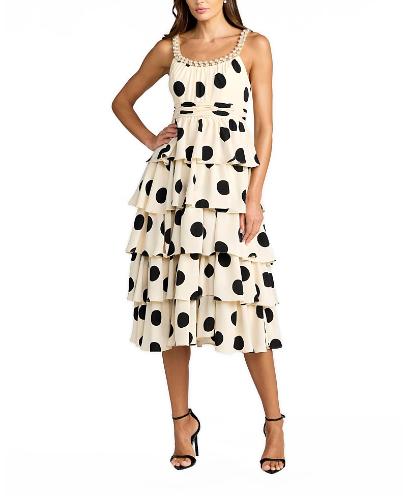 Mac Duggal Polka Dot Charmeuse Scoop Neck Ruffle Midi Dress