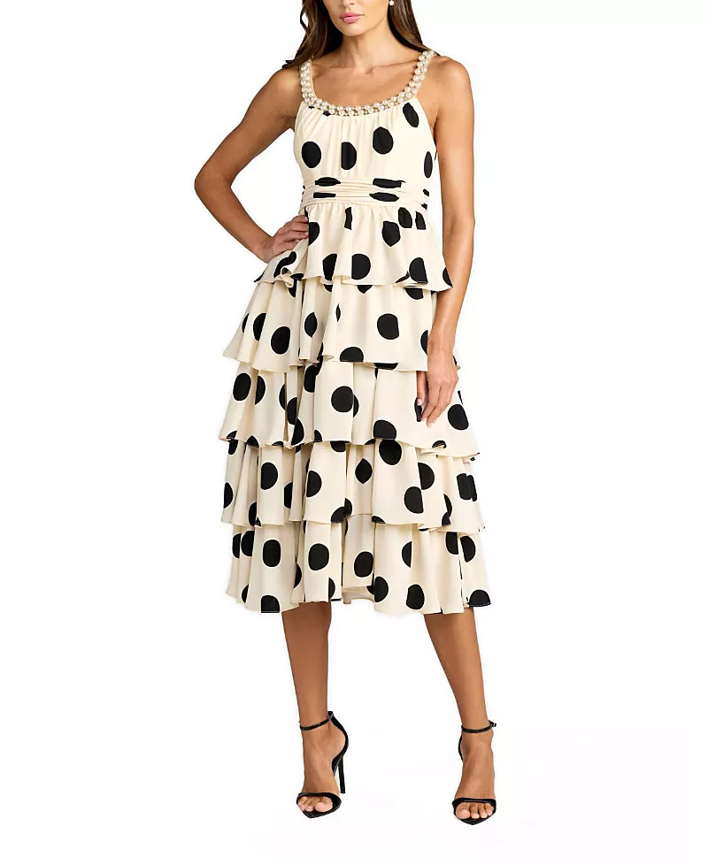 Mac Duggal Polka Dot Charmeuse Scoop Neck Ruffle Midi Dress