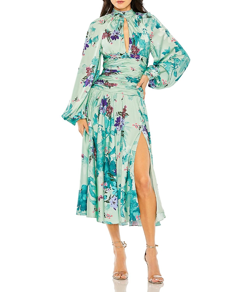 Mac Duggal Keyhole Satin Long Sleeve Floral Gown