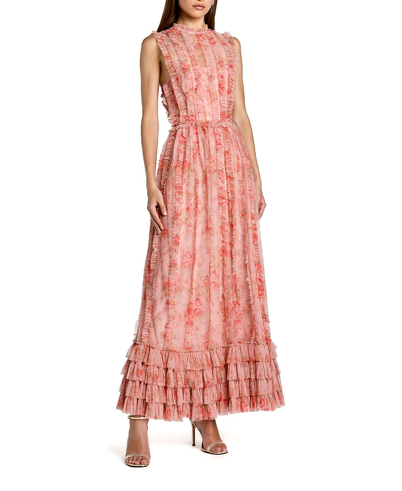 Mac Duggal Floral Mesh High Neck Micro Ruffle Midi Dress