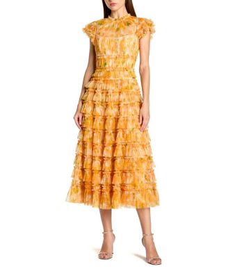 Mac Duggal Mesh Micro Ruffle High Neck Cap Sleeve Midi Dress